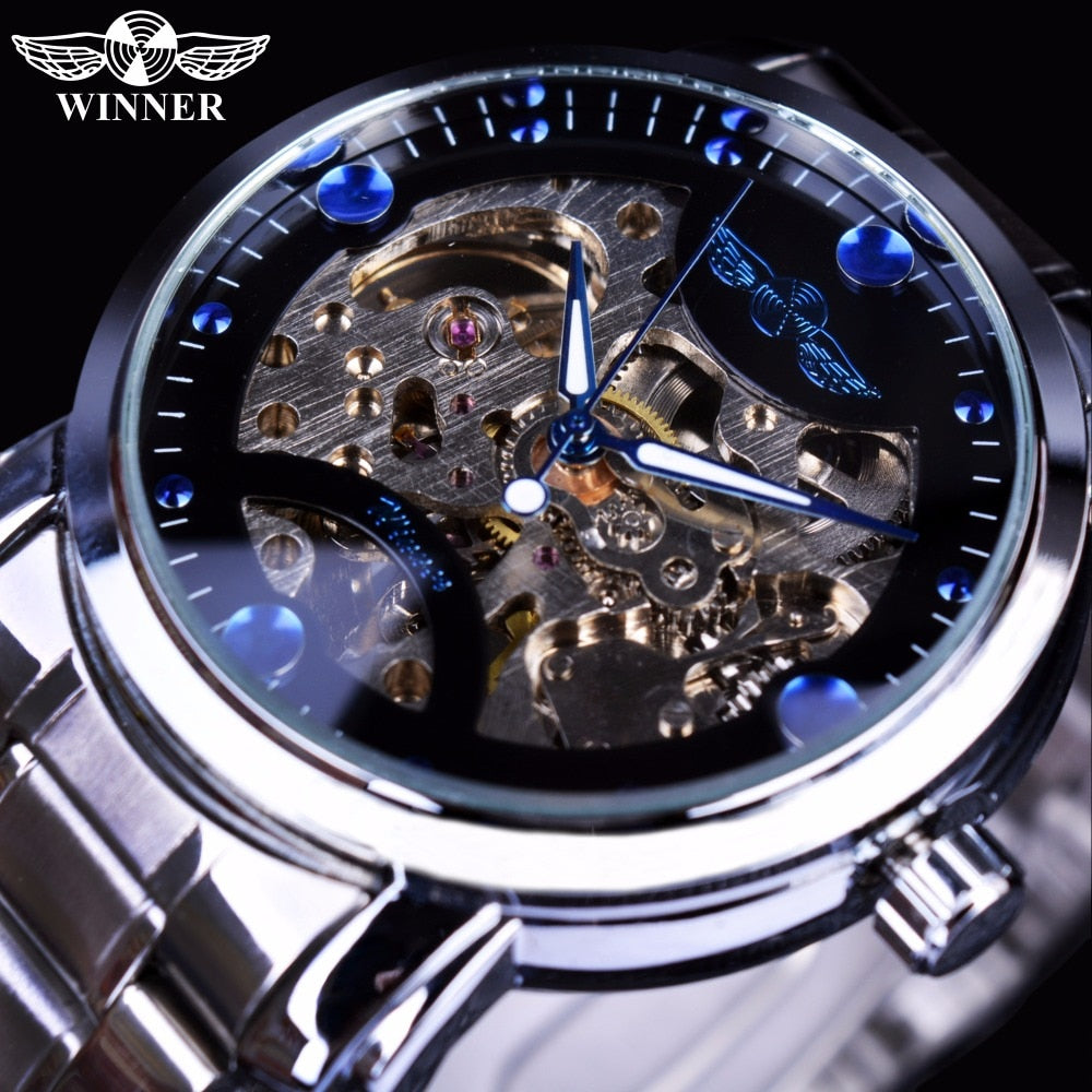 Winner Blue Ocean Stainless Steel Men Skeleton Watch