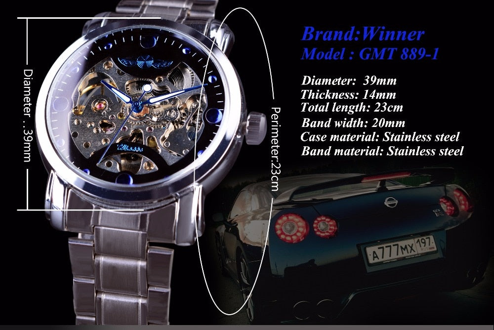 Winner Blue Ocean Stainless Steel Men Skeleton Watch