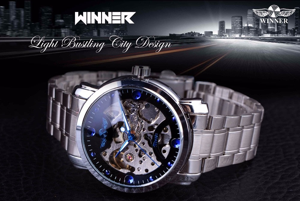 Winner Blue Ocean Stainless Steel Men Skeleton Watch